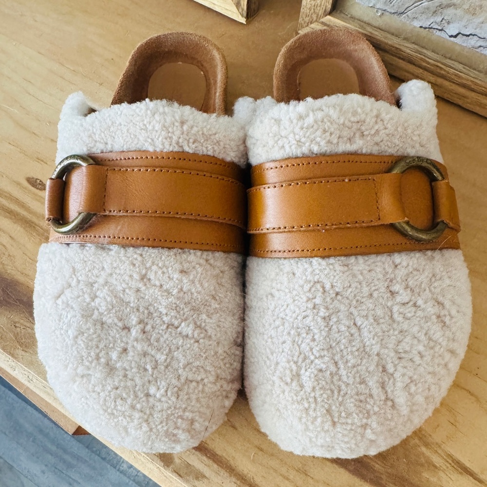 See By Chloe Tan and Cream Shearling Mules 36 6